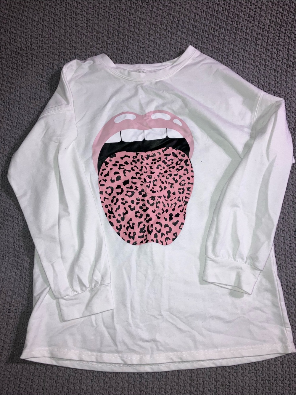White Graphic Long Sleeve Tee with Pink Leopard Tongue